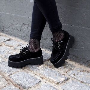 T.U.K. black suede D-ring dino lug sole creepers